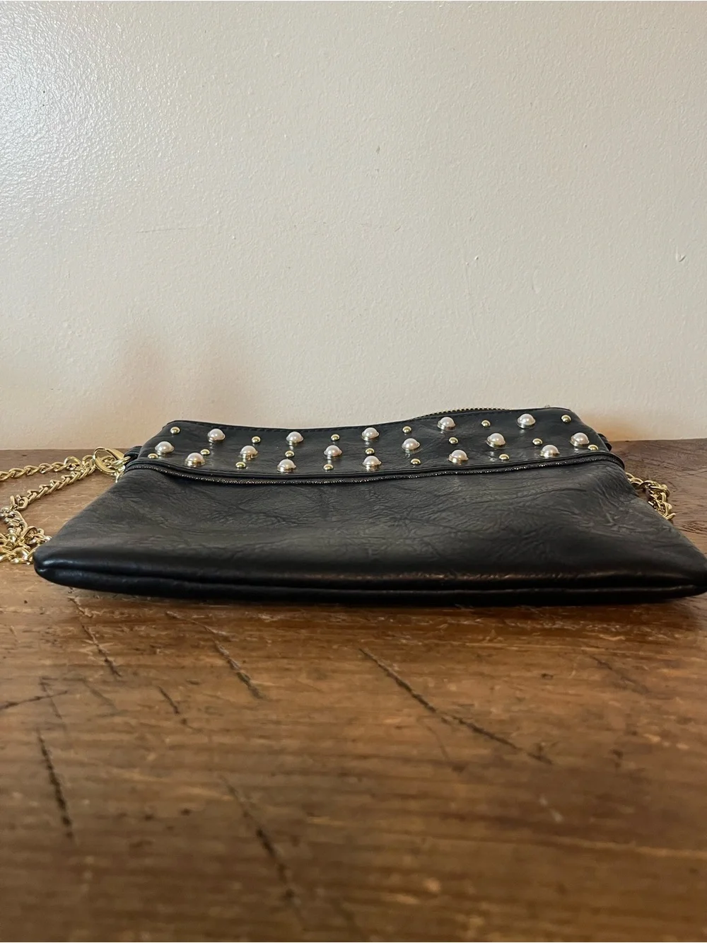 Madden Girl Black Faux-Leather Crossbody with Pearl Studs and Gold Chain